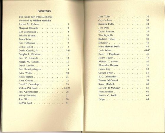 An open two-page contents spread from the Academy of American Poets booklet, listing prize-winning poets and their page numbers. Roger H. Fogelman appears in the right-hand column at page 46, among names including Louise Gluck, Jane Yolen, Alexander Theroux and William Pitt Root.