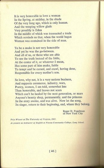 Page 46 of the booklet, printing Roger H. Fogelman's prize-winning poem in three stanzas. It is signed in print 'Roger H. Fogelman, of New York City', with a note in italics below: Prize Winner at The University of Virginia, 1961. At present an instructor of English at Nassau Community College, Long Island.